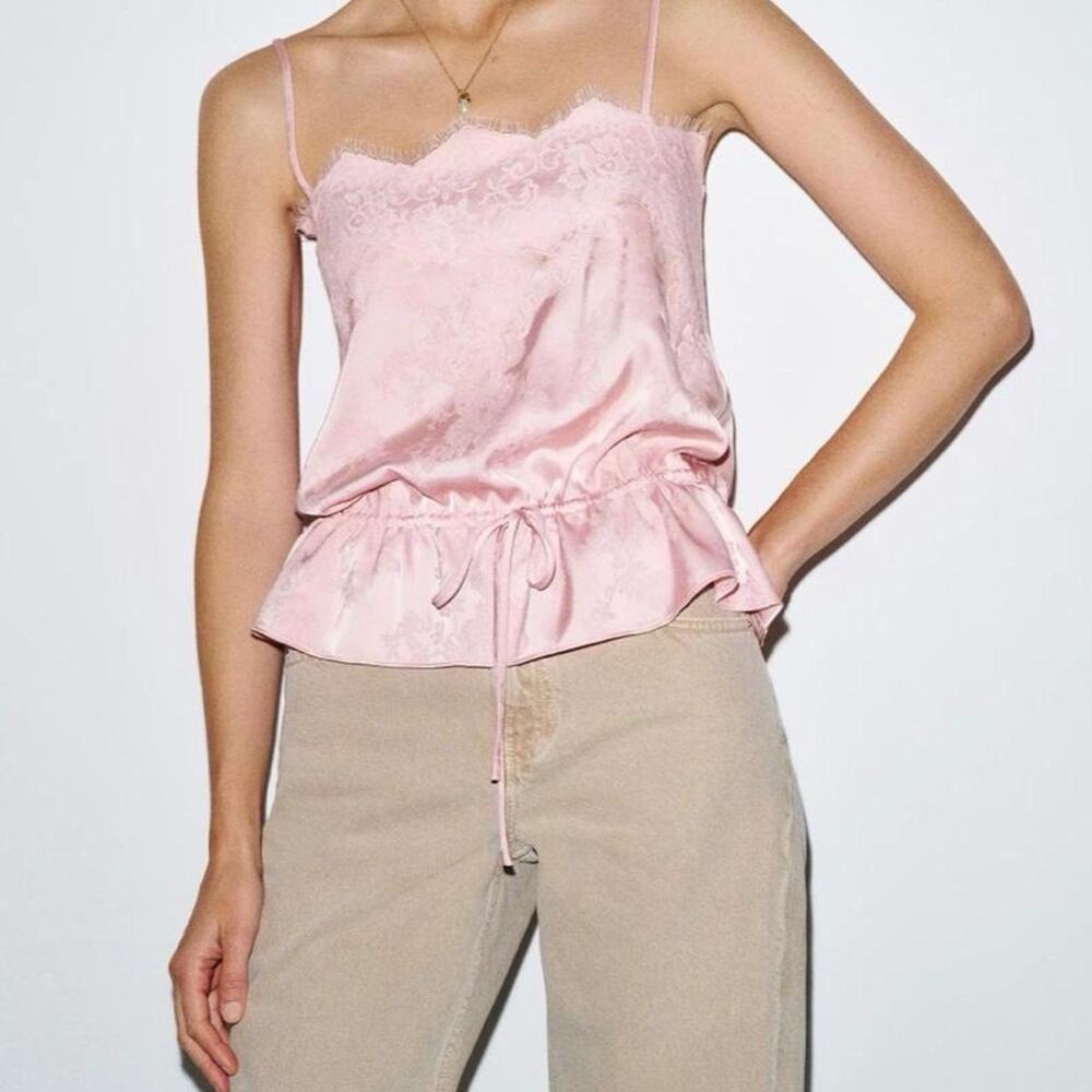 Reformation pink lace cami top with floral embroidery